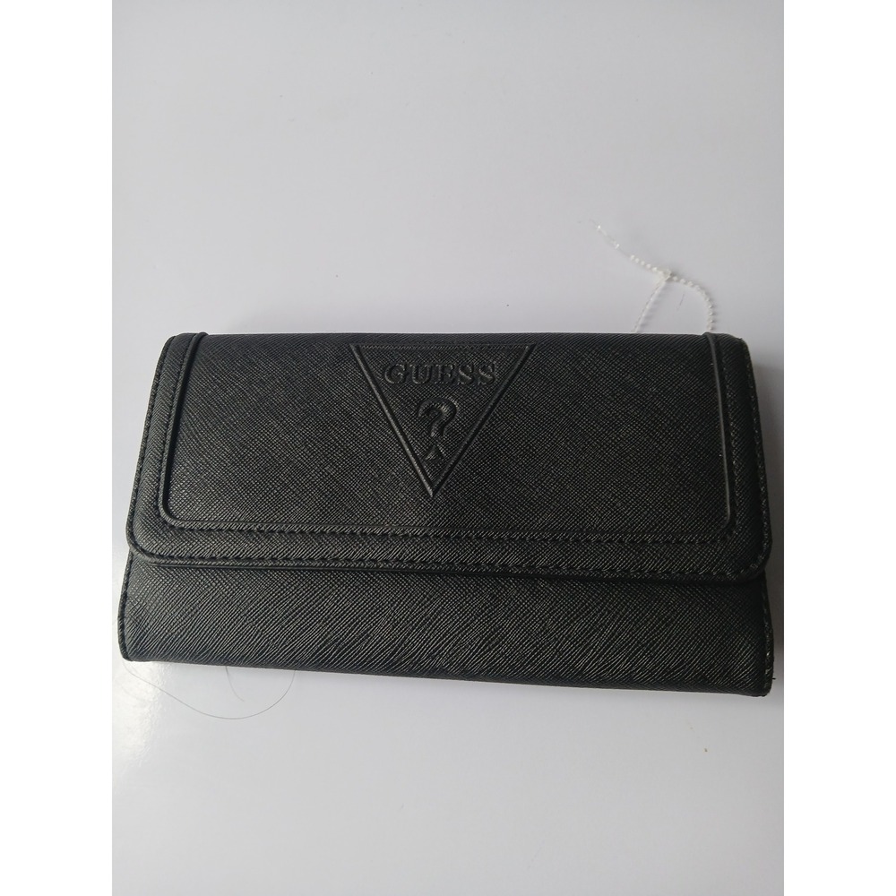Guess Black Saffiano Tri-Fold Wallet with Embossed Logo and‎ ID Window